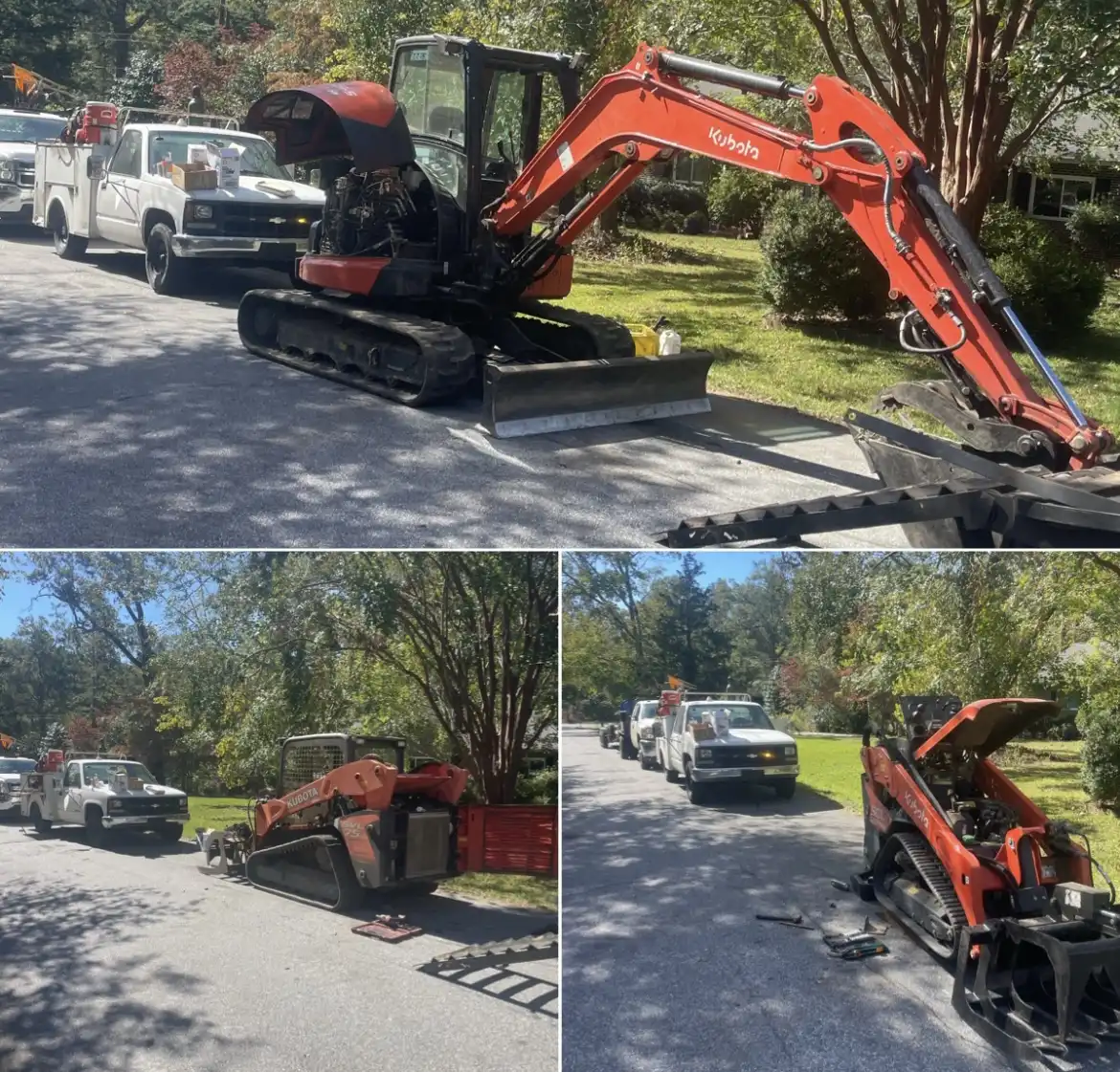 Collage of orange heavy equipment. Diesel Repair Services equipment.