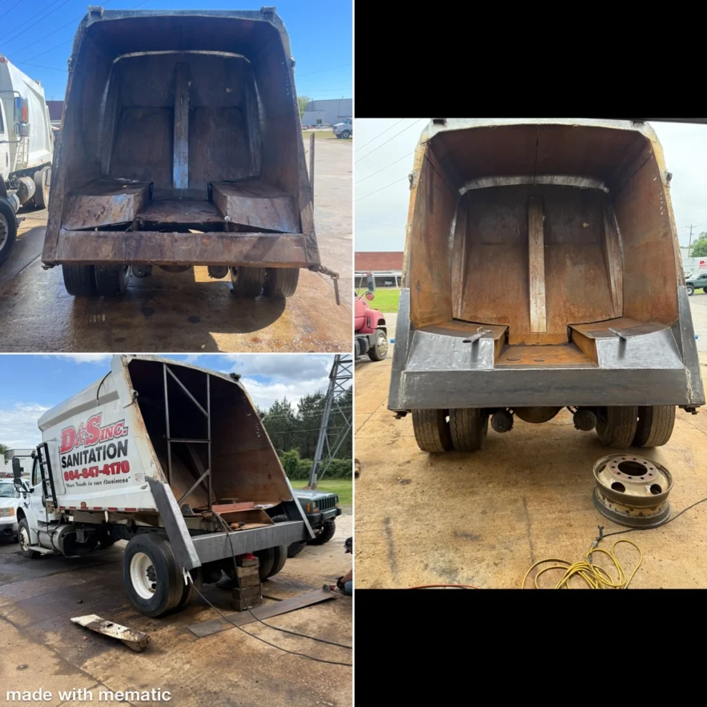 Trash truck that has been completely refabricated and fixed.